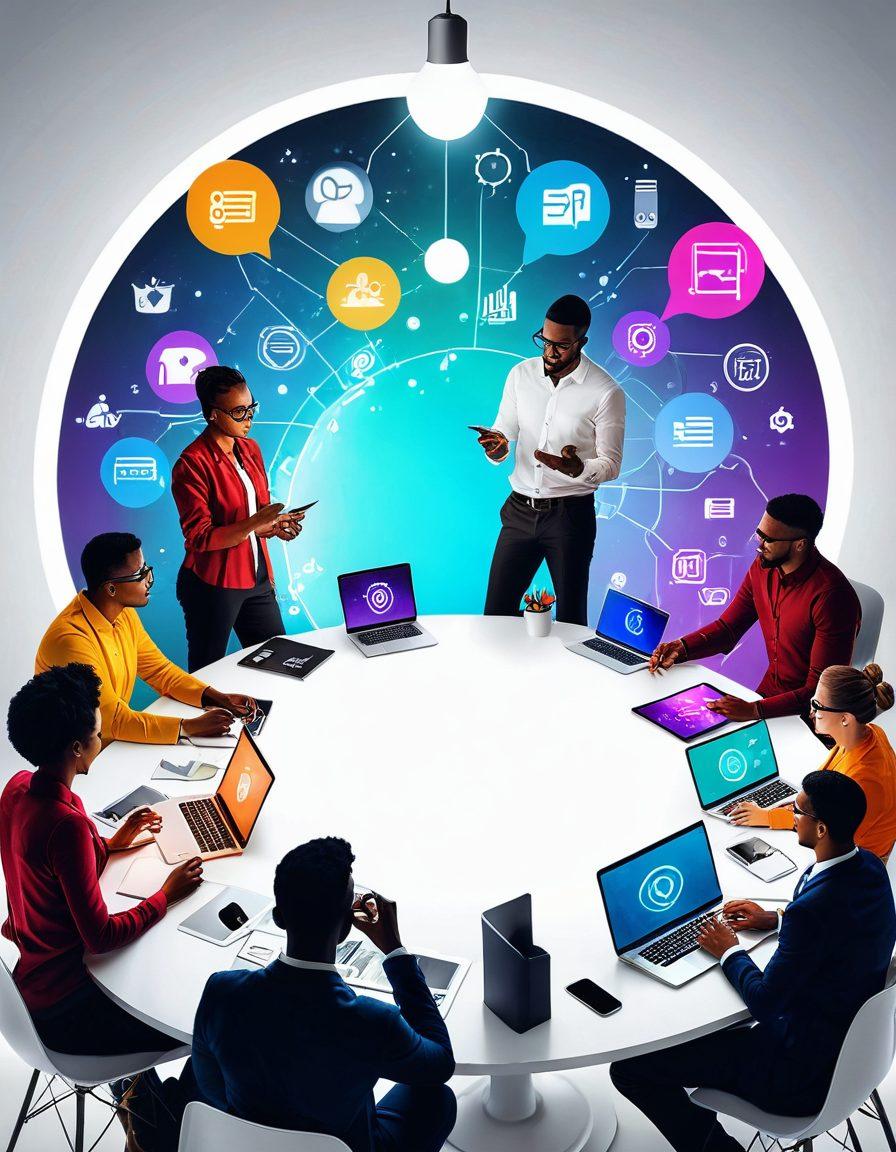 A dynamic scene where a diverse group of content creators passionately collaborating at a round table, surrounded by digital devices showcasing vibrant graphics and text. Illustrate the evolution of ideas with visual elements like lightbulbs, charts, and social media icons floating around. Incorporate a lively atmosphere that contrasts technology with creativity. super-realistic. vibrant colors. white background.