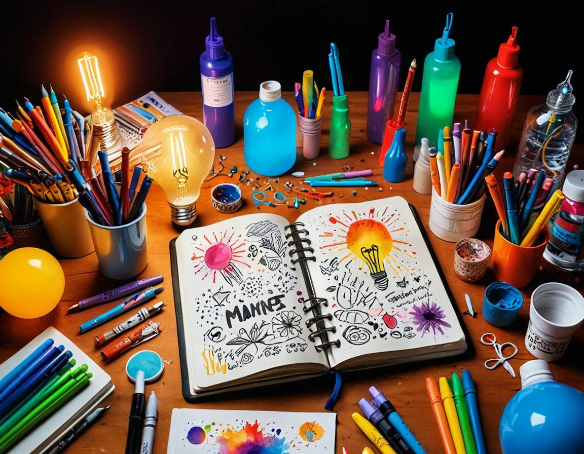 A whimsical scene with an open notebook overflowing with colorful paint splashes and creative doodles, surrounded by vibrant art supplies like markers and brushes. In the background, a glowing light bulb symbolizes inspiration, while a diverse group of writers share ideas at a round table, exuding enthusiasm. The atmosphere is inviting and motivational, embodying the joy of writing and creativity. vibrant colors. super-realistic. soft focus.