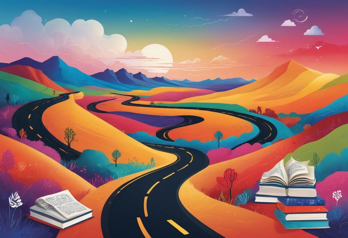 An abstract representation of a winding road leading through a colorful landscape made up of various blog icons and symbols. Scattered along the road are open books, pens, and storytelling elements emerging from the scenery, illustrating the journey of crafting personal stories. The sky above should be a vibrant gradient of colors symbolizing inspiration and creativity. Include a silhouette of a person writing at the forefront to signify personal storytelling. vibrant colors. vector art.